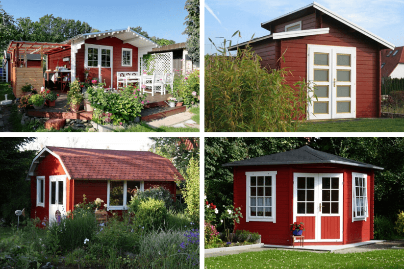 Collage mit schwedenroten Gartenhäusern