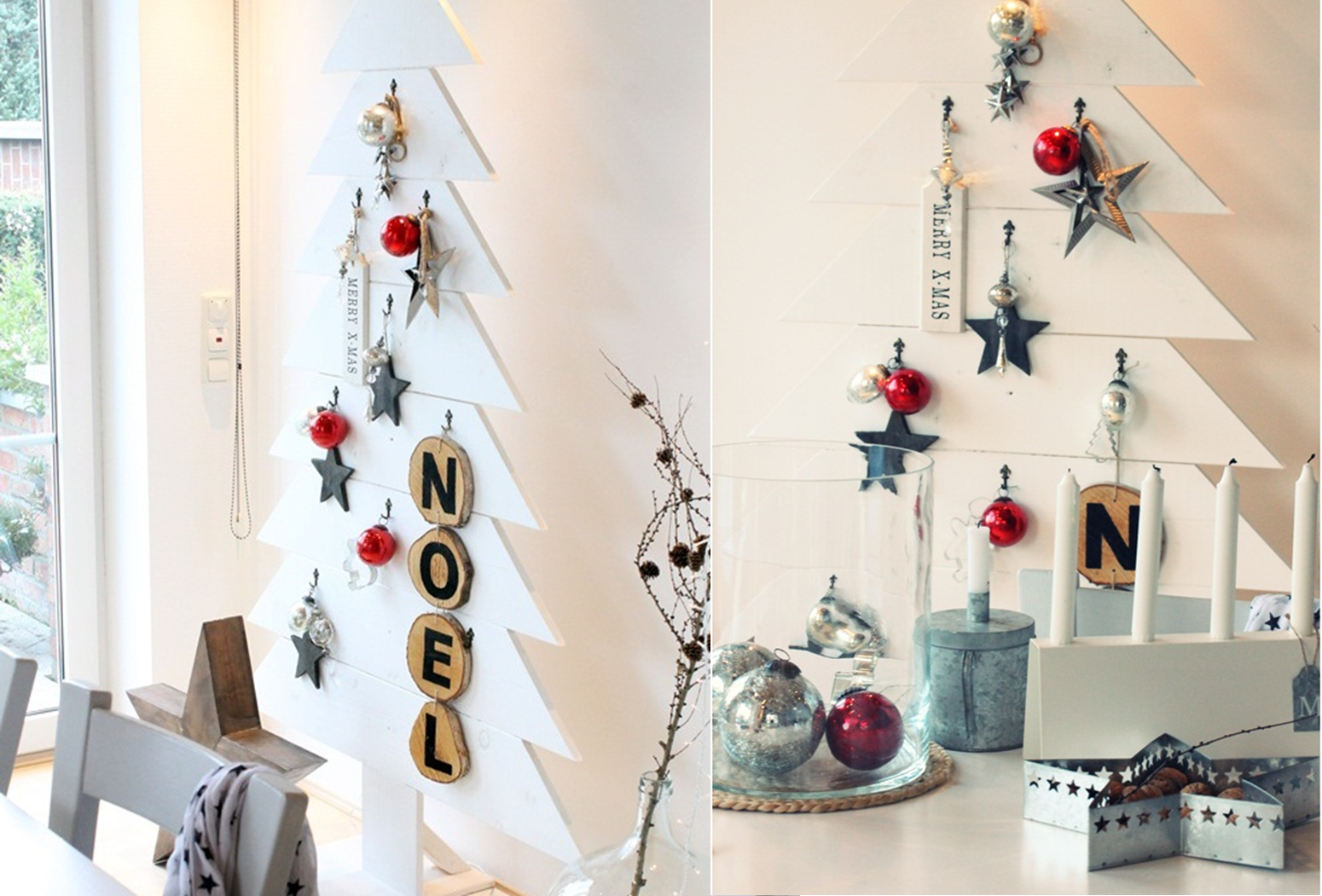 In der Farbe Weiß gestaltet passt sich der Weihnachtsbaum an den Raum an und die Deko stich mehr heraus.