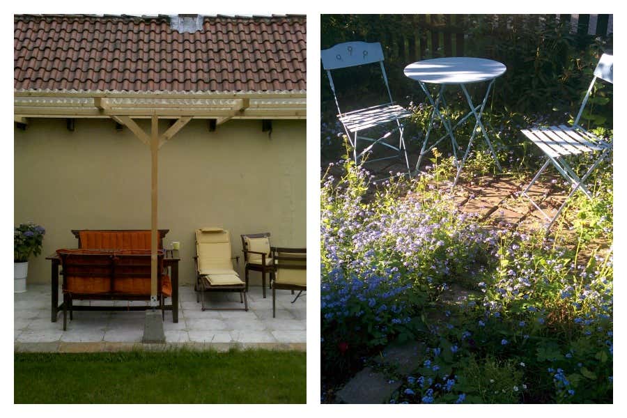 Die Terrasse an Sylvias Gartenhaus kann dank Überdachung auch bei Hamburger Schmuddelwetter genutzt werden. Der Sitzplatz im Garten ist besonders im Sommer bei Gästen beliebt. 