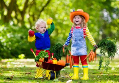 Kinder im Garten mit Gemüse