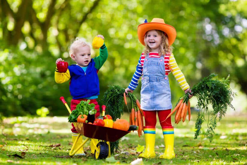Kinder im Garten mit Gemüse