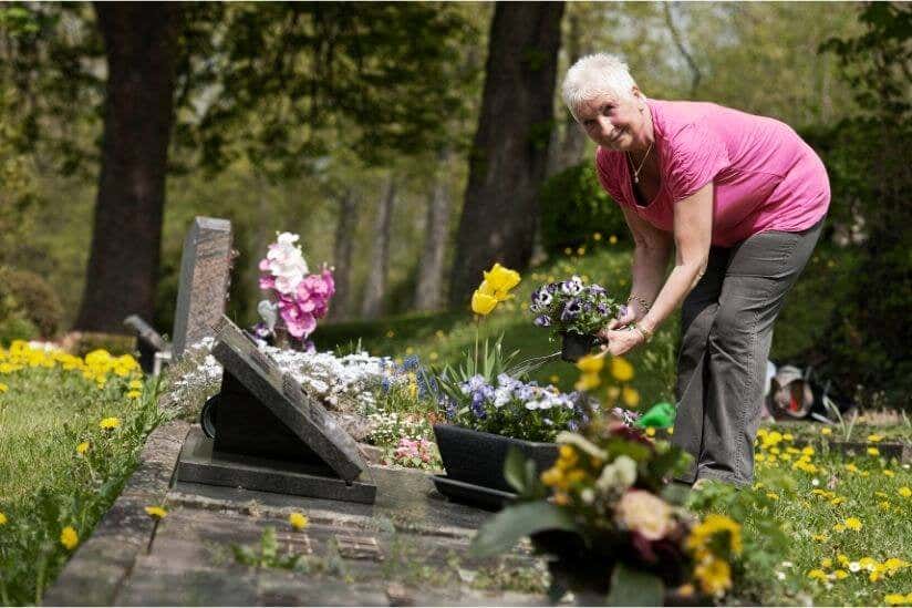 Ältere Frau befplanzt ein Grab