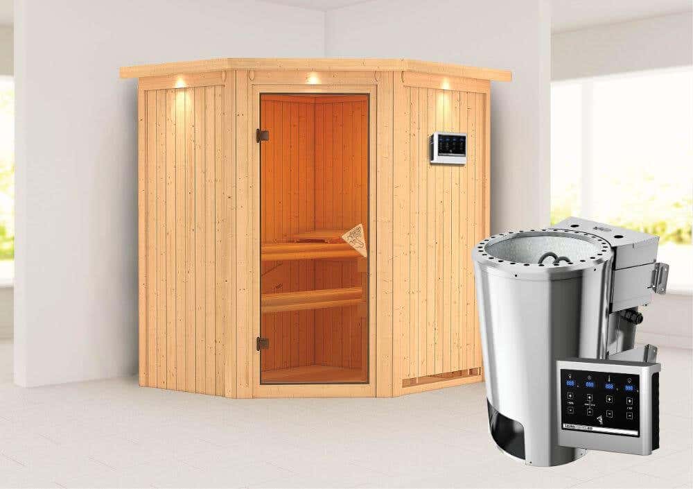 Karibu Sauna Innenkabine Tonja Sparset Auswahl der Tür:Bronzierte Ganzglastür|Saunaofen: 3,6 KW Bio-Ofen, ext. Steuerung