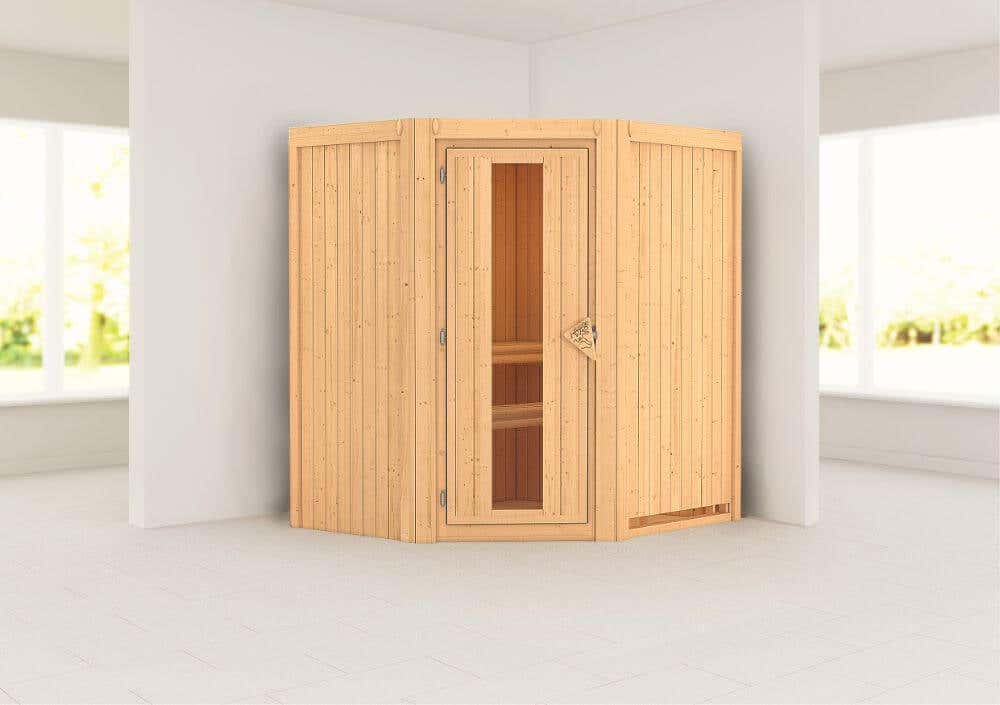 Karibu Sauna Innenkabine Taurin Auswahl der Tür:Massivholz-Energiespartür mit Isolierglas|Saunaofen:Ohne Ofen|Ausführung:Ohne Dachkranz