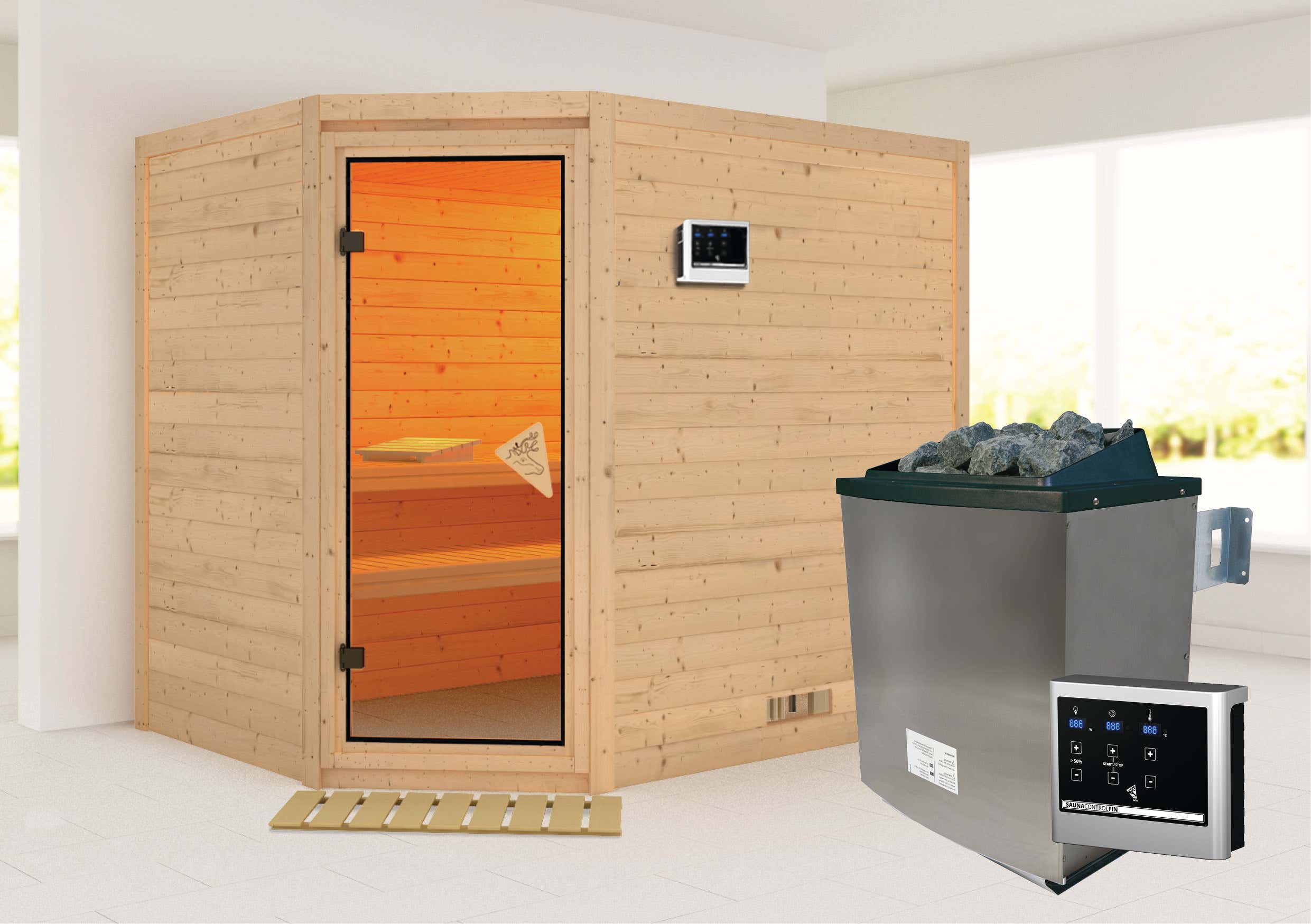 Karibu Sauna Innenkabine Tanami Saunaofen:9 KW integrierte Steuerung|Ausführung:Ohne Dachkranz