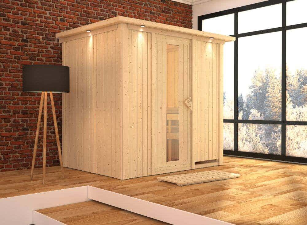Karibu Sauna Innenkabine Bodin Ausführung:Ohne Dachkranz|Auswahl der Tür:Massivholz-Energiespartür mit Isolierglas|Saunaofen:Ohne Ofen