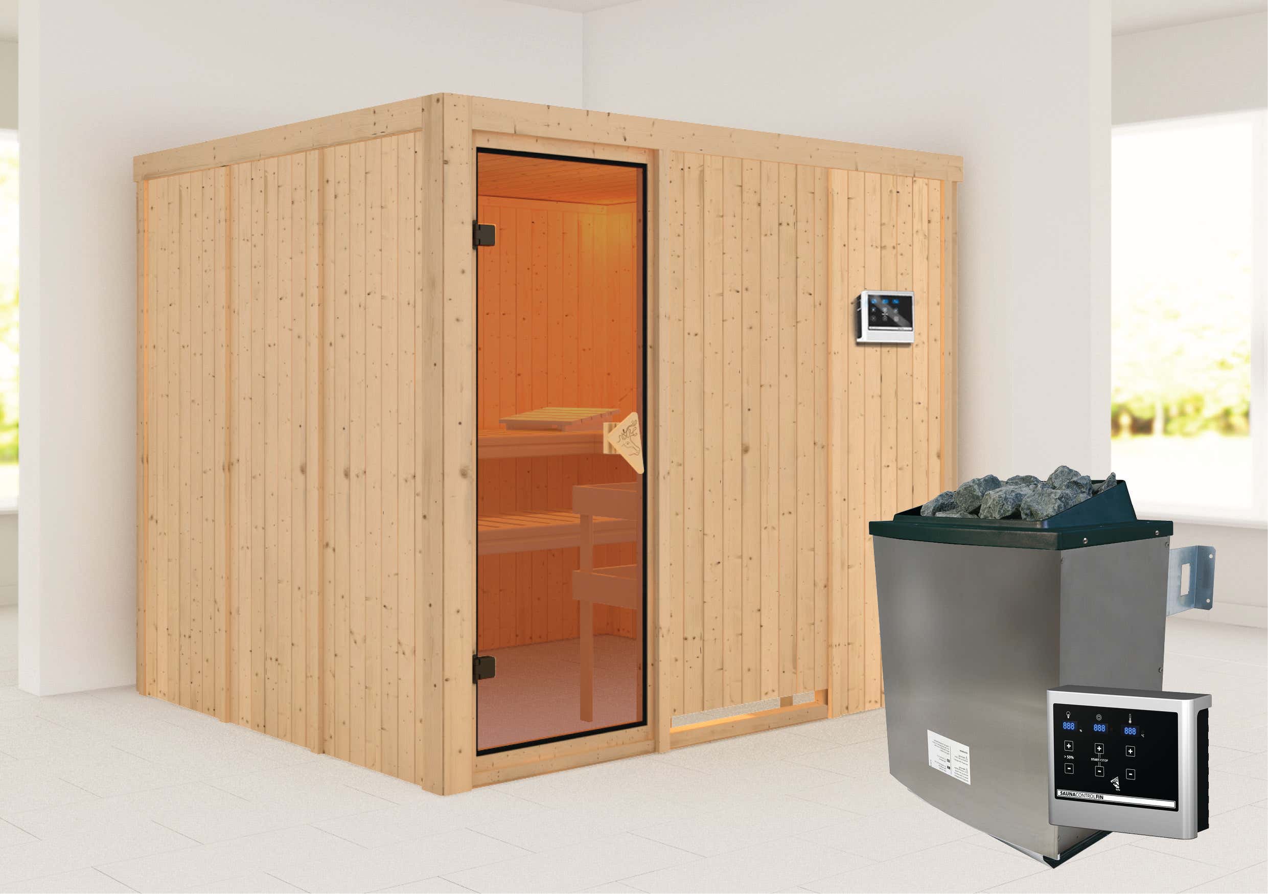 Karibu Sauna Innenkabine Gobin Auswahl der Tür:Massivholz-Energiespartür mit Isolierglas|Saunaofen:9 KW Saunaofen, integr. Steuerung|Ausführung:Mit Dachkranz