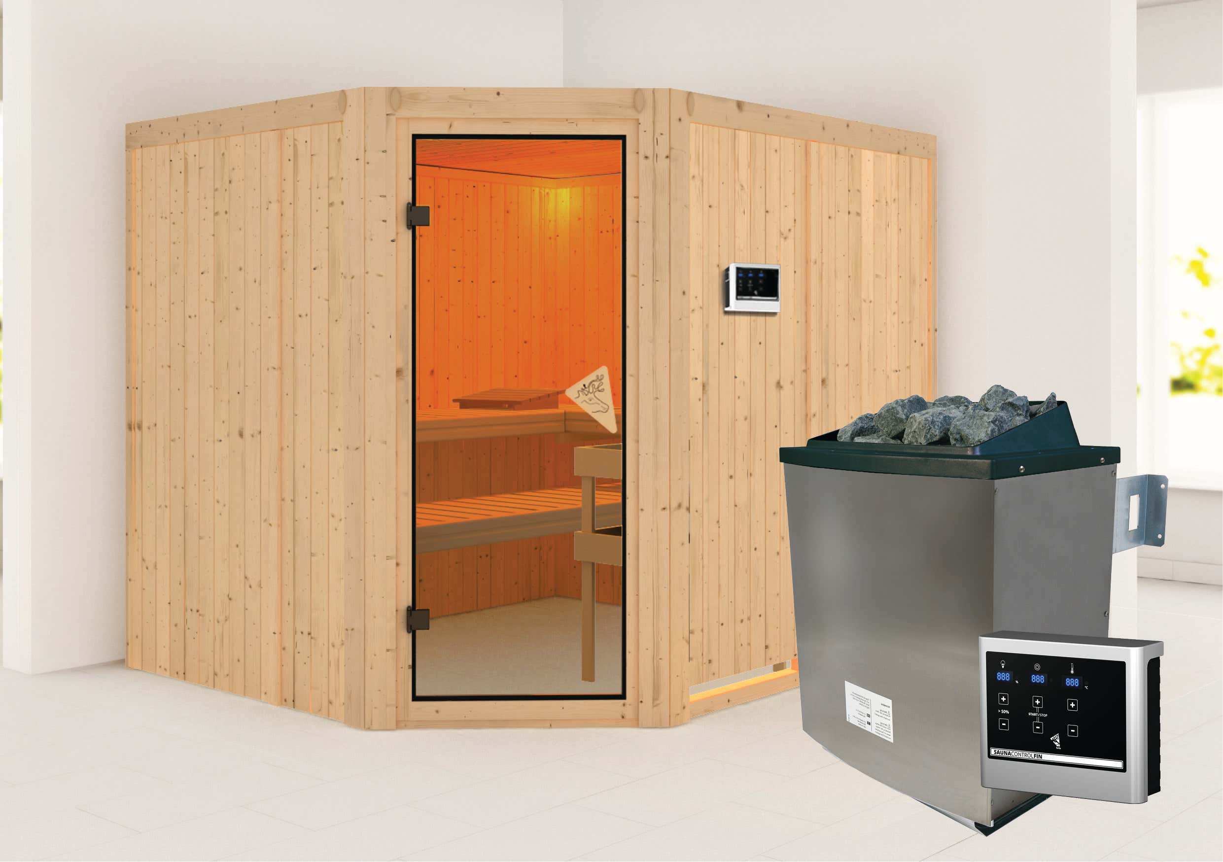 Karibu Sauna Innenkabine Malin Auswahl der Tür:Bronzierte Ganzglastür|Saunaofen:9 KW Saunaofen, ext. Steuerung|Ausführung:Mit Dachkranz
