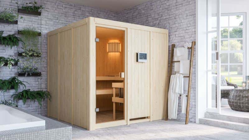 Karibu Woodfeeling Sauna Oulu mit Fronteinstieg Saunaofen:ohne Ofen|Ausführung:ohne Dachkranz