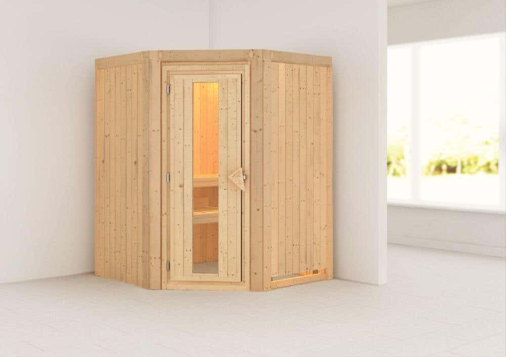 Karibu Sauna Innenkabine Larin Auswahl der Tür:Massivholz-Energiespartür mit Isolierglas|Saunaofen:Ohne Ofen|Ausführung:Ohne Dachkranz