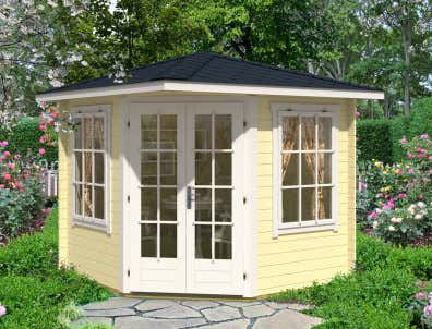 5-Eck Gartenhaus Liwa Compact mit Anbau aus Holz in Blockbohlenbauweise 