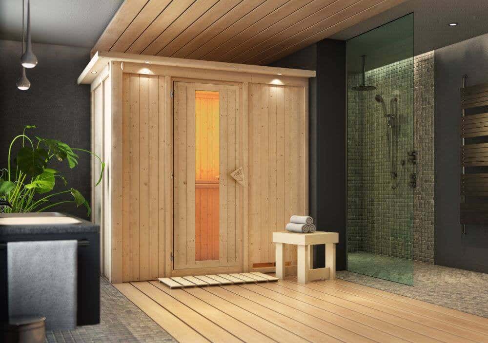 Karibu Sauna Innenkabine Variado Auswahl der Tür:Massivholz-Energiespartür mit Isolierglas|Saunaofen:Ohne Ofen|Ausführung:Ohne Dachkranz