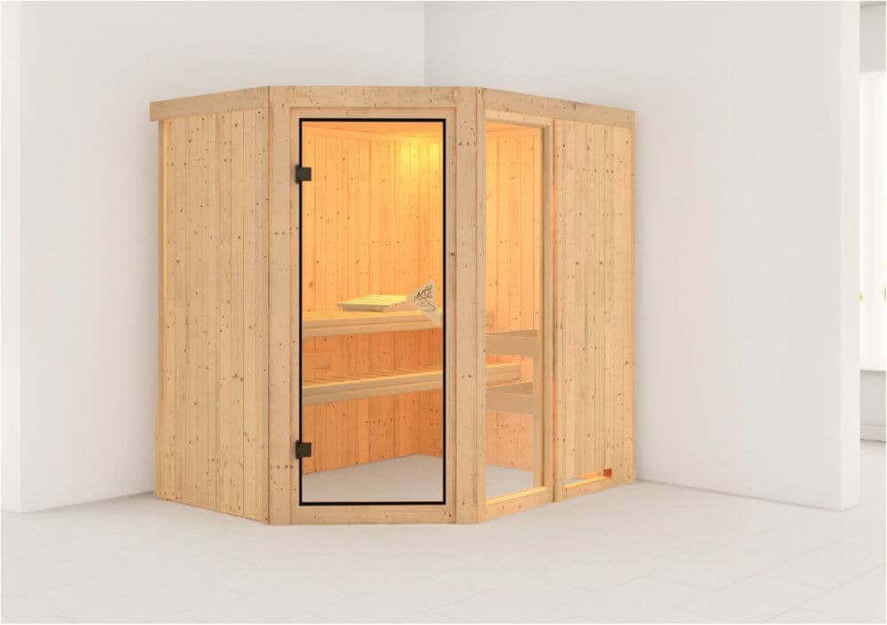 Karibu Sauna Innenkabine Fiona Größe:B 196 x T 151 x H 198 cm|Saunaofen:9 KW integrierte Steuerung|Ausführung:Mit Dachkranz