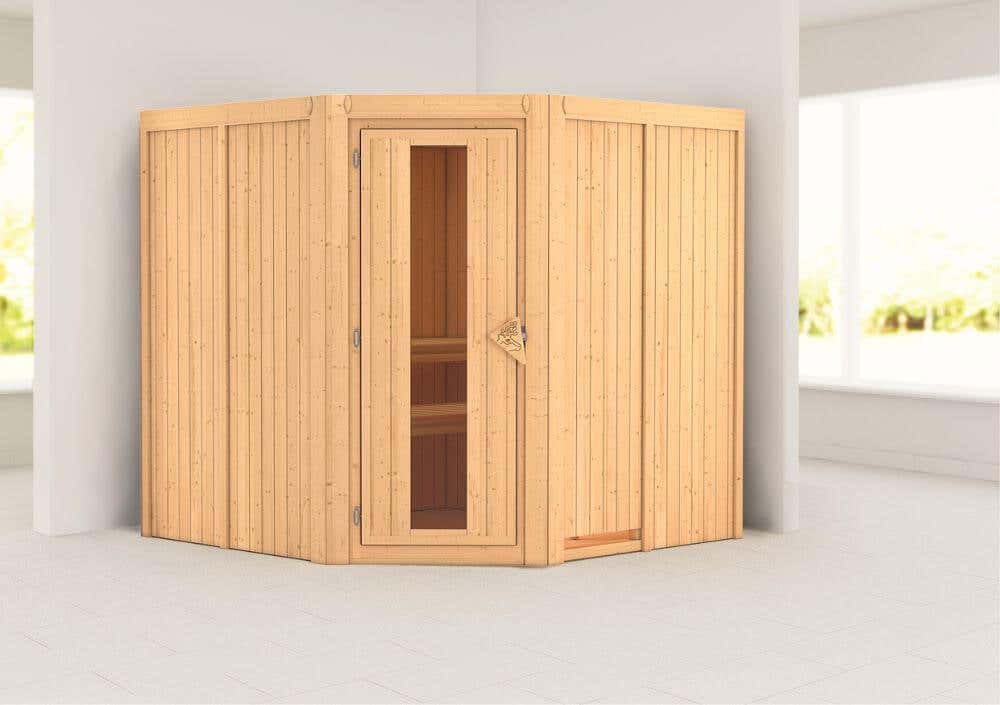 Karibu Sauna Innenkabine Jarin Auswahl der Tür:Massivholz-Energiespartür mit Isolierglas|Saunaofen: 9 KW BioAktiv Kombiofen, ext. Steuerung|Ausführung:Ohne Dachkranz