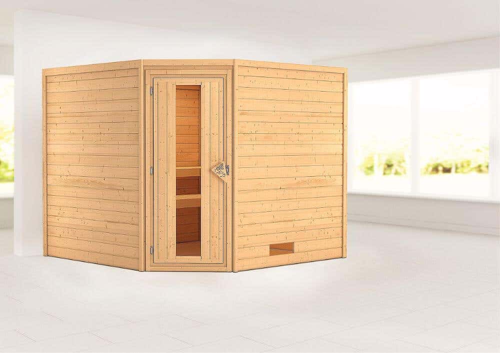 Karibu Woodfeeling Sauna Innenkabine Leona Auswahl der Tür:Massivholz-Energiespartür mit Isolierglas|Saunaofen:Ohne Ofen|Ausführung:Ohne Dachkranz