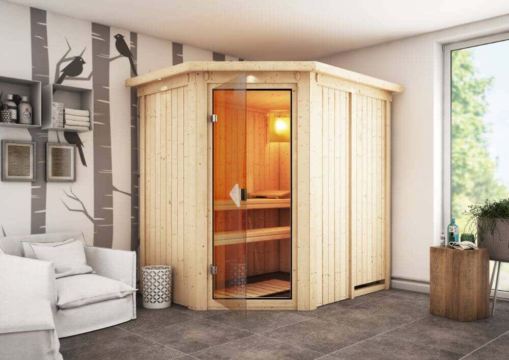 Karibu Sauna Innenkabine Carin Ausführung:Ohne Dachkranz|Auswahl der Tür:Massivholz-Energiespartür mit Isolierglas|Saunaofen:Ohne Ofen