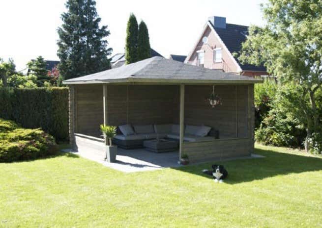 5-Eck Gartenlaube Maik-40 mit Anbau Holz 400x570 cm 40 mm Gartenhaus Pavillon 