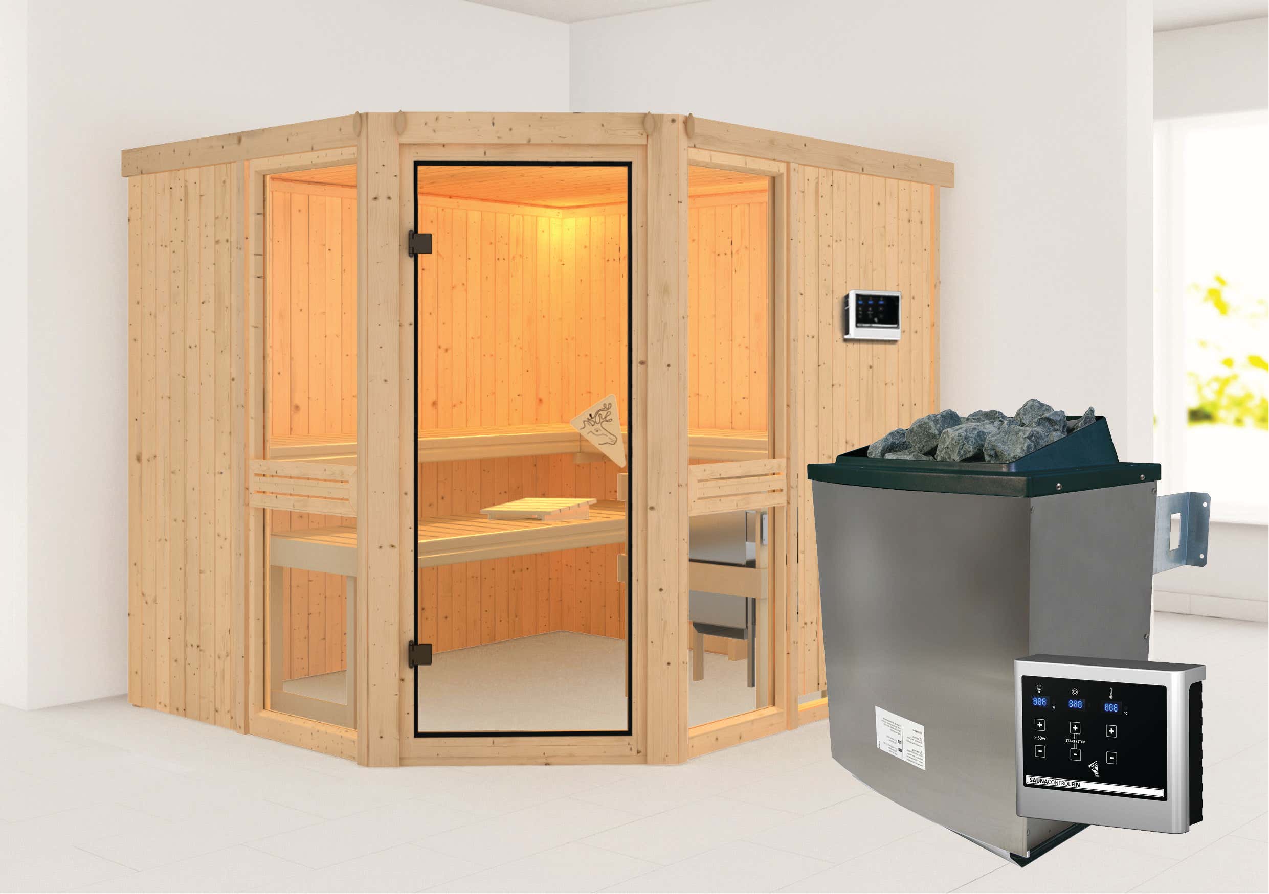 Karibu Sauna Innenkabine Amelia Saunaofen:9 KW integrierte Steuerung|Ausführung:Ohne Dachkranz|Größe:B 196 x T 170 x H 198 cm