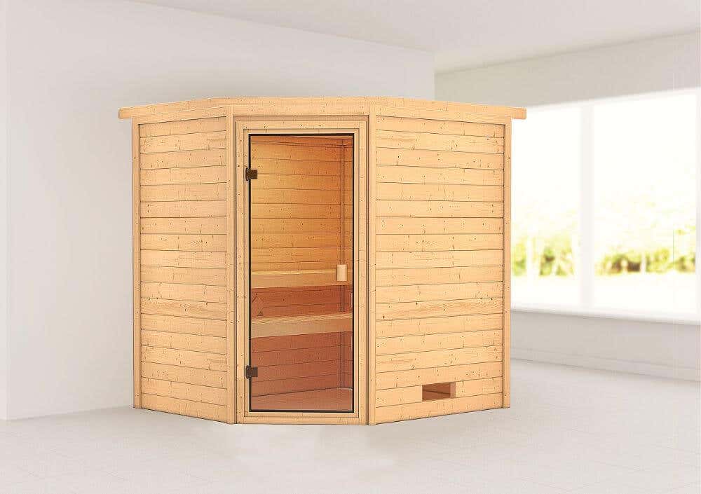 Karibu Woodfeeling Sauna Elea mit Eckeinstieg Saunaofen:Ohne Ofen|Ausführung:Ohne Dachkranz